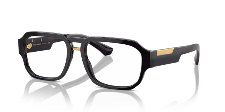 Černé pánské dioptrické brýle s tlustými obroučkami a zlatými detaily na stranicích.