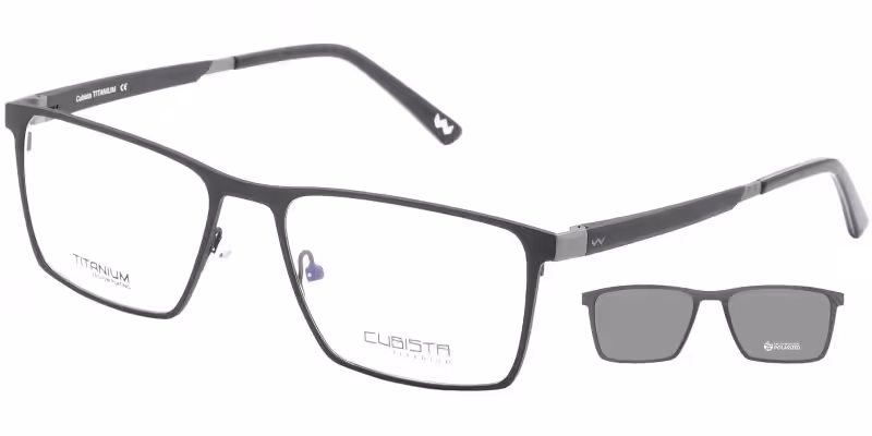 Pánské dioptrické brýle Vogue s černým obdélníkovým rámem a nasazeným slunečním klipem.