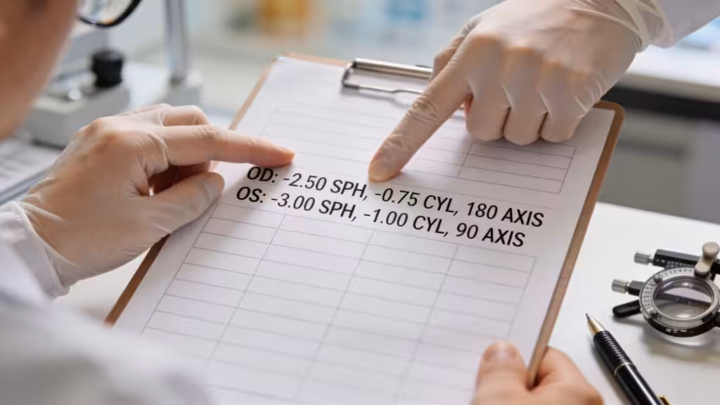 Lékař ukazuje na předpis na brýle s hodnotami dioptrií OD -2.50 SPH a OS -3.00 SPH.