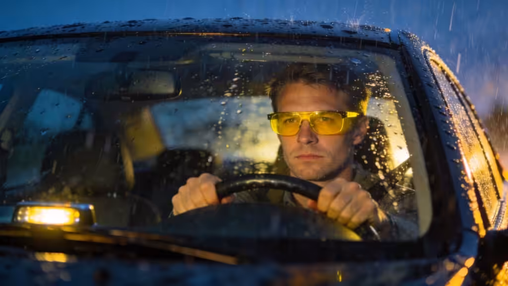Muž se žlutými brýlemi pro řidiče soustředěně řídí auto v noci za deště.
